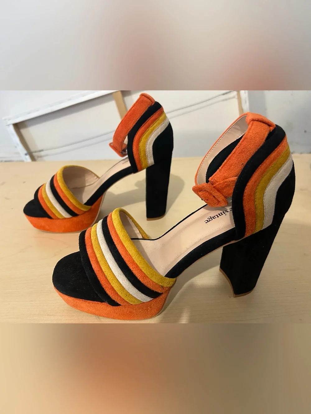 Unique Vintage Striped Suede Platform Heels